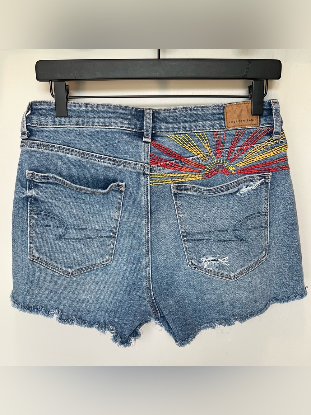American Eagle Women's Strigid Sun Embroidered Distressed Denim Shorts - size 4